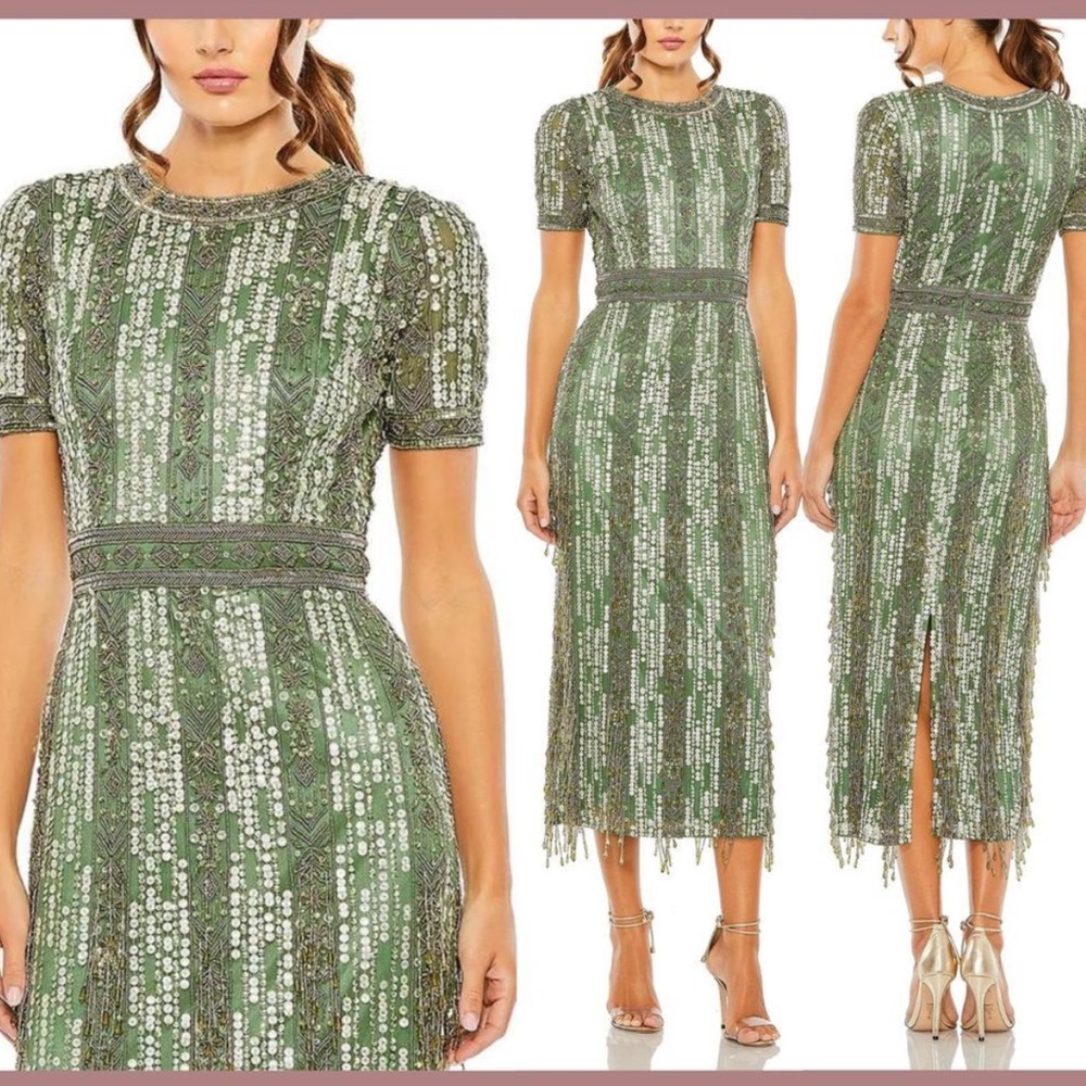 *SOLD* Mac Duggal High Neck Short Sleeve Crystal Fringe Column Dress
